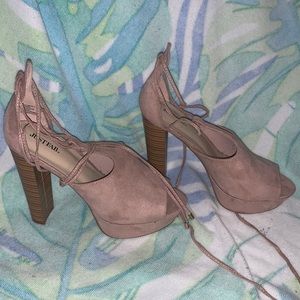 JUSTFAB suede nude thick heel block lace up platform heels